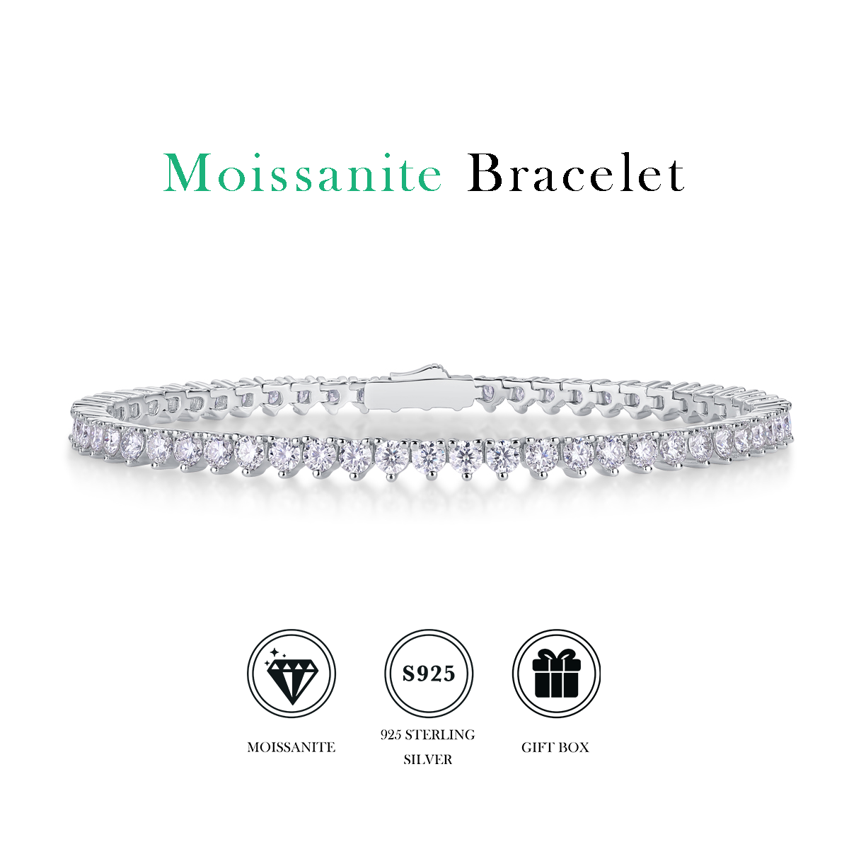 سوار تنس فضي على شكل قلب من TAAZLUXE™ مرصع بألماس مويسانيت - مطلي بالذهب الأبيض عيار 18 قيراطًا