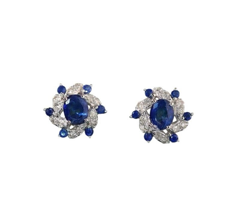 TAAZLUXE™ Natural Royal Blue Sapphire with Natural Diamonds Earrings - Solid 18K White Gold
