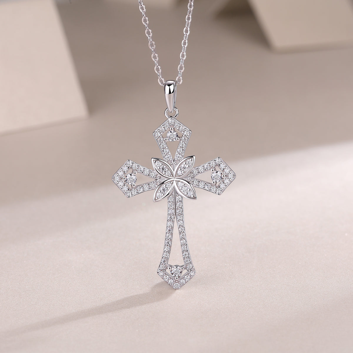 TAAZLUXE™ Cross Pendant Necklace with Moissanite - 18K White Gold Vermeil