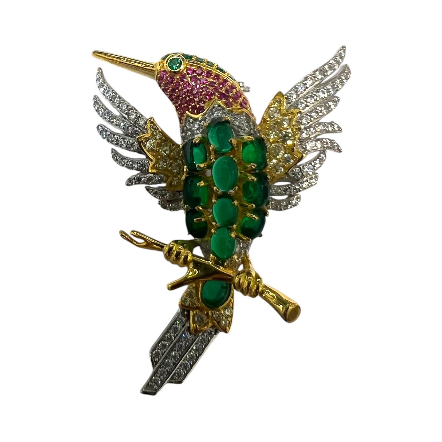 بروش TAAZLUXE™ S925 على شكل طائر على غصن، أخضر وأرجواني مرصع بالزركون.