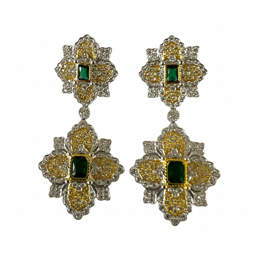 Double Flower Drop Earrings Emerald - Front View
