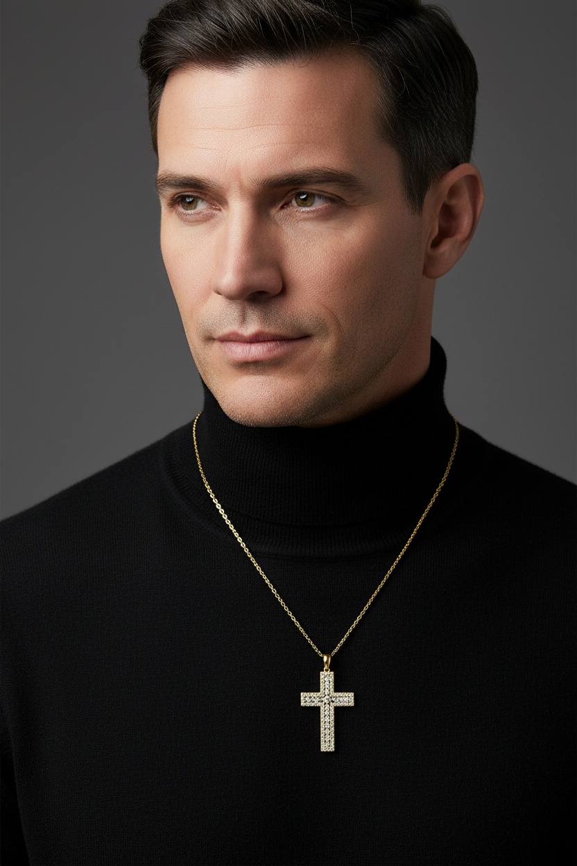 Male Model in Black Turtleneck - Yellow Gold Cross