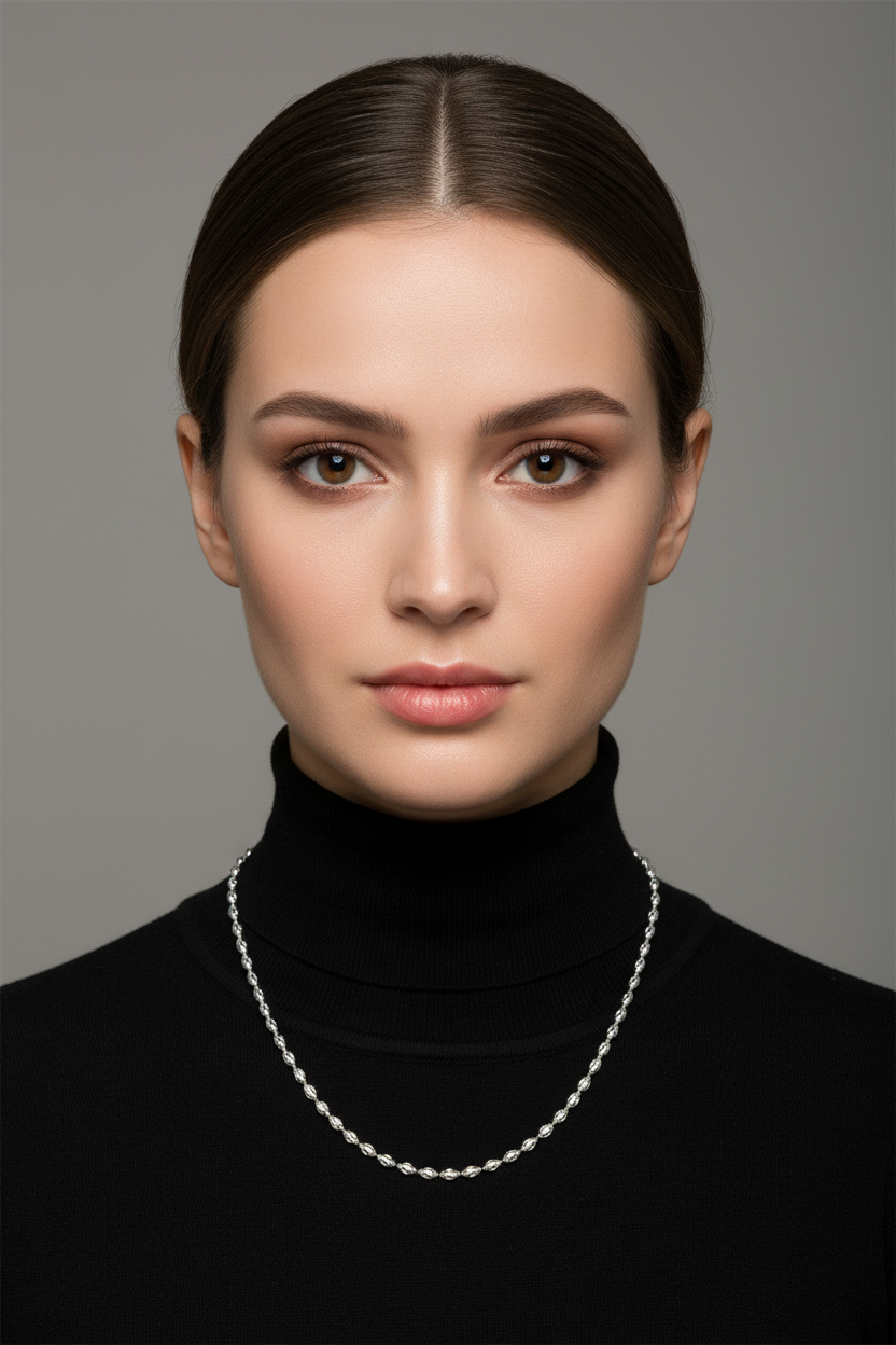 Model in Black Turtleneck - White Gold Necklace