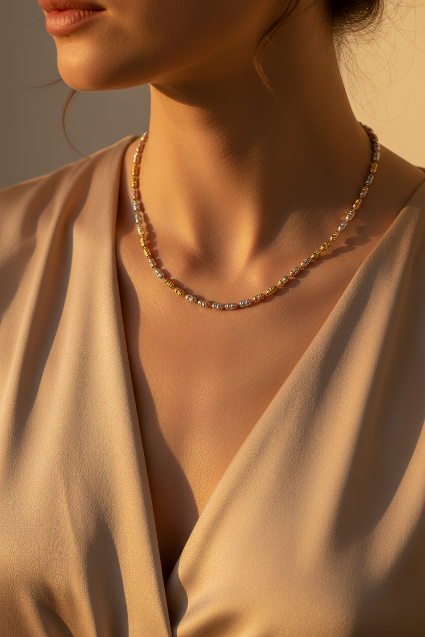 Model in Champagne Silk - 50cm Necklace