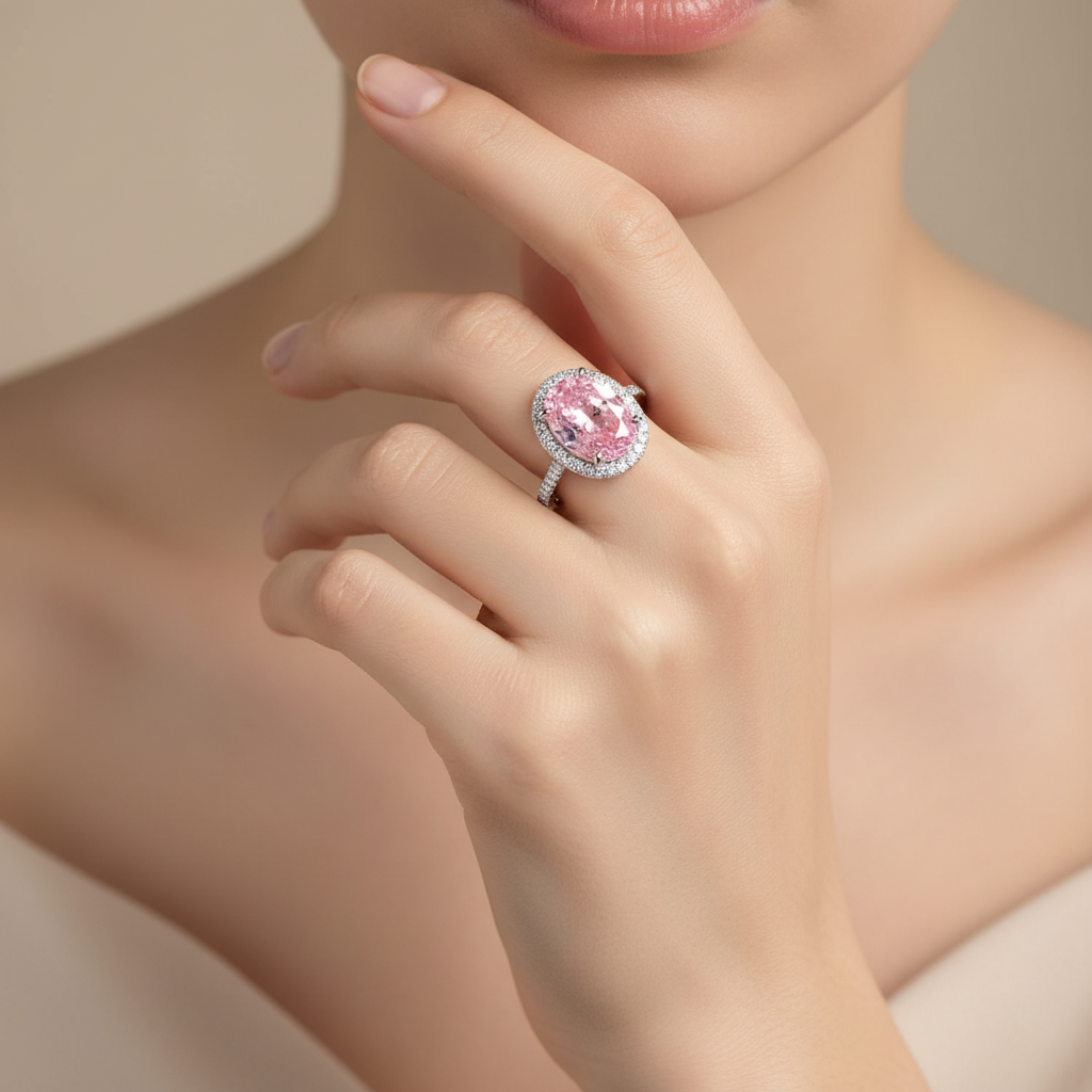 Pink Halo Engagement Ring - Beige