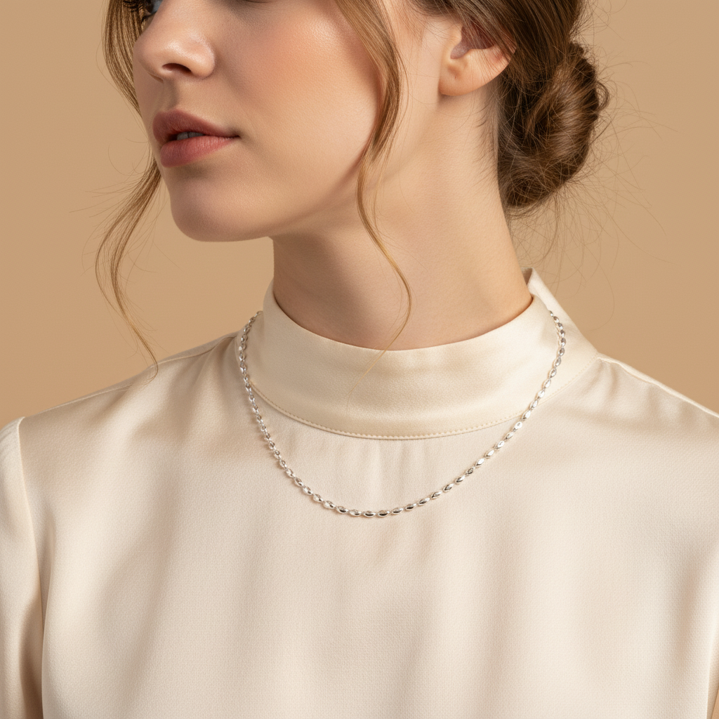 40cm Silver Oval Bead - Beige