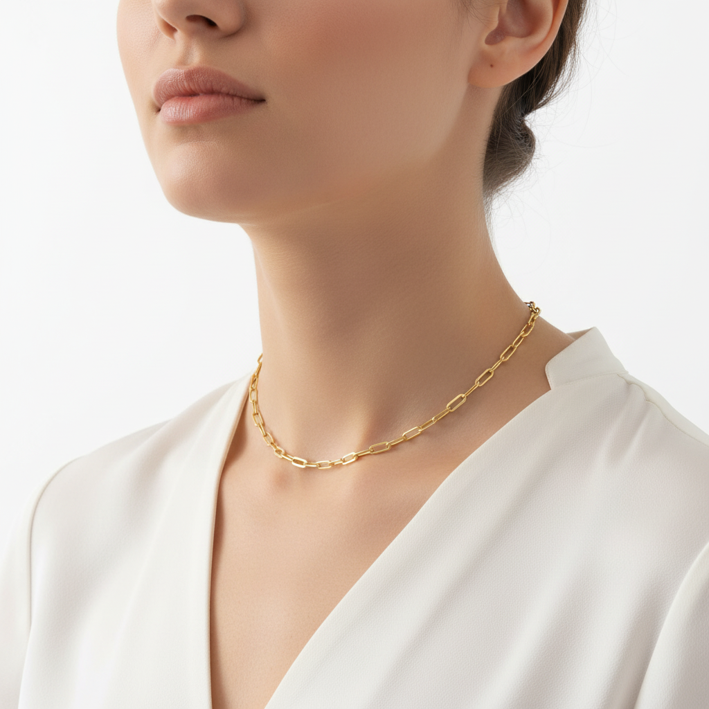 40cm Yellow Gold Paperclip - White