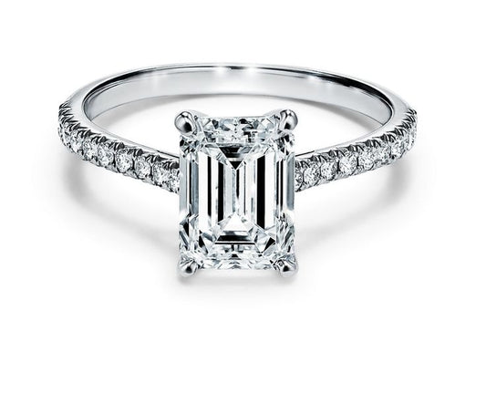 1 Carat Emerald Cut Lab Grown Diamond with Hidden Halo and Pave Band in 14K/18K/Platinum Setting