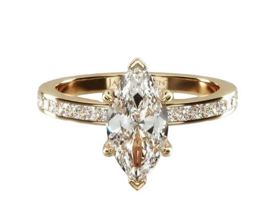A yellow gold ring featuring a marquise-cut diamond center stone and pavé diamonds along the shoulders, set against a light gray background.