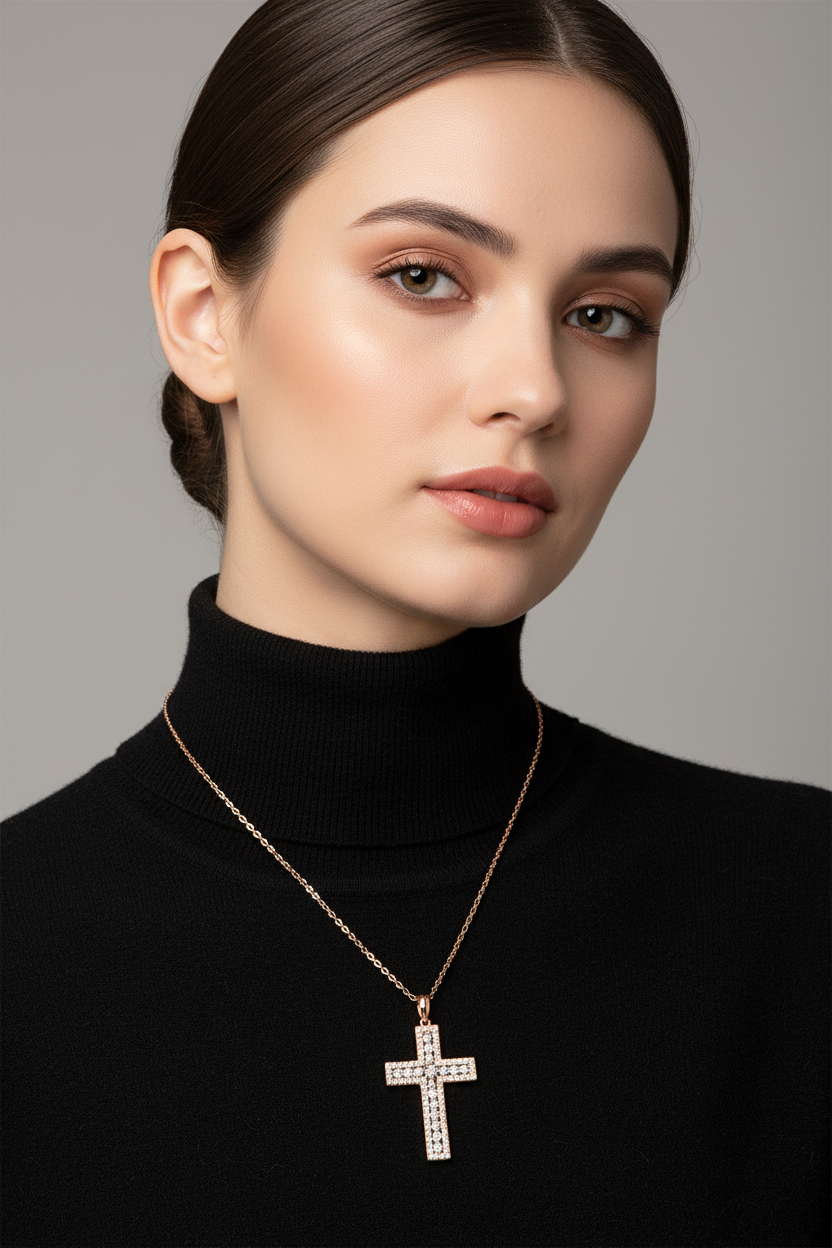 Female Model in Black Turtleneck - Rose Gold Cross
