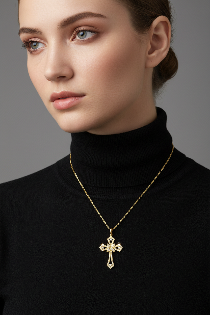 Female Model in Black Turtleneck - Smaller Cross