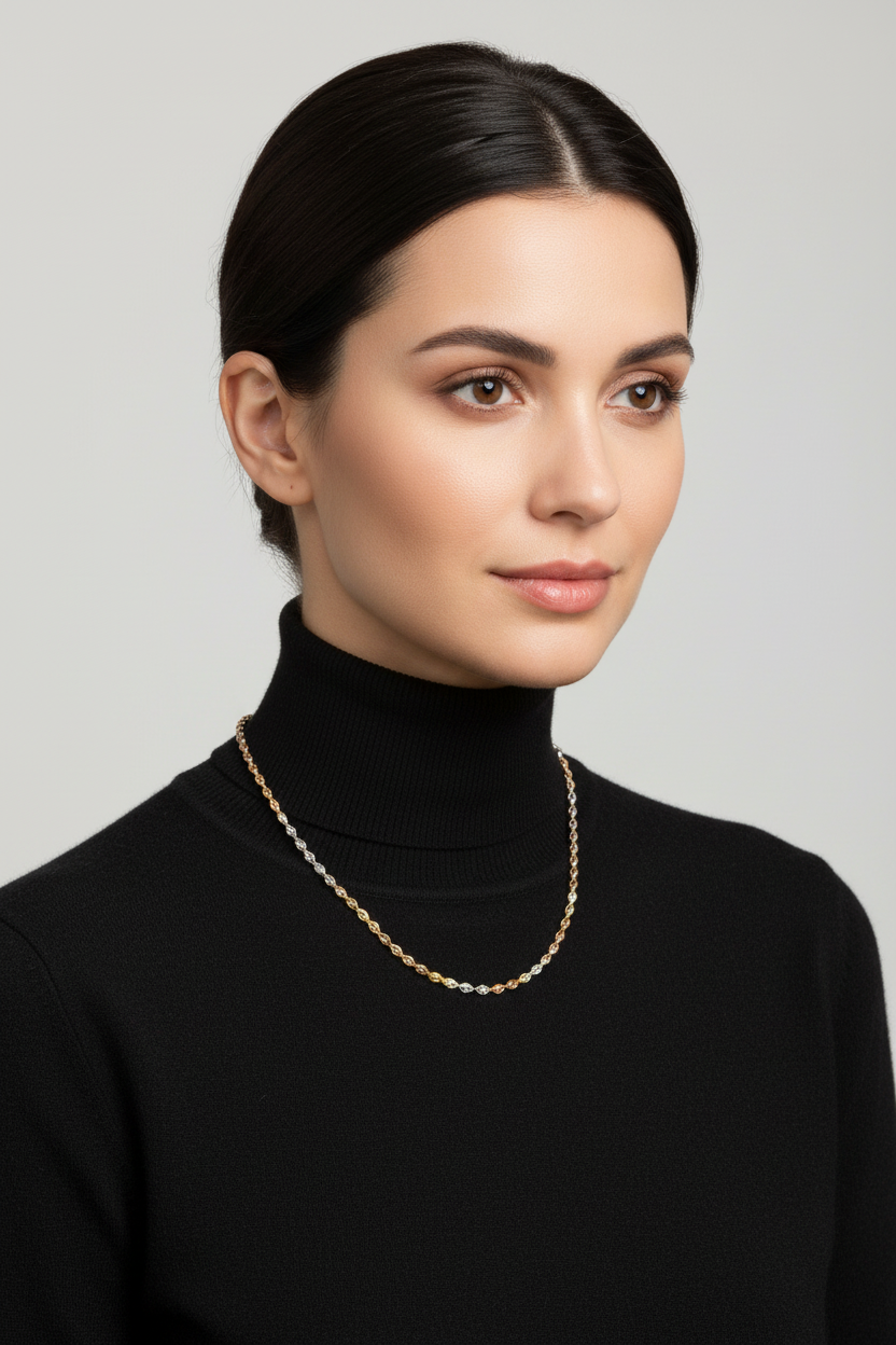 Female Model in Black Turtleneck - Tri-Color Necklace
