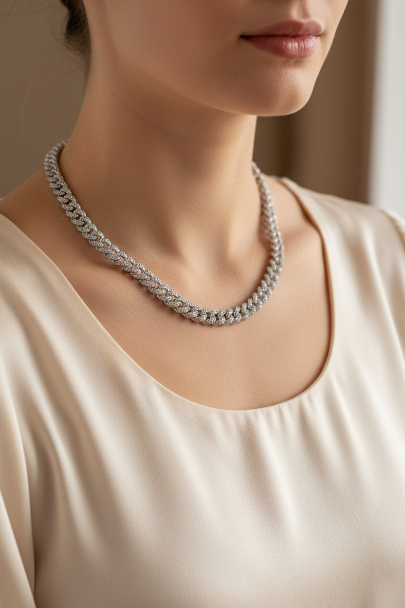 Female Model in Cream Silk - Diamond Chain