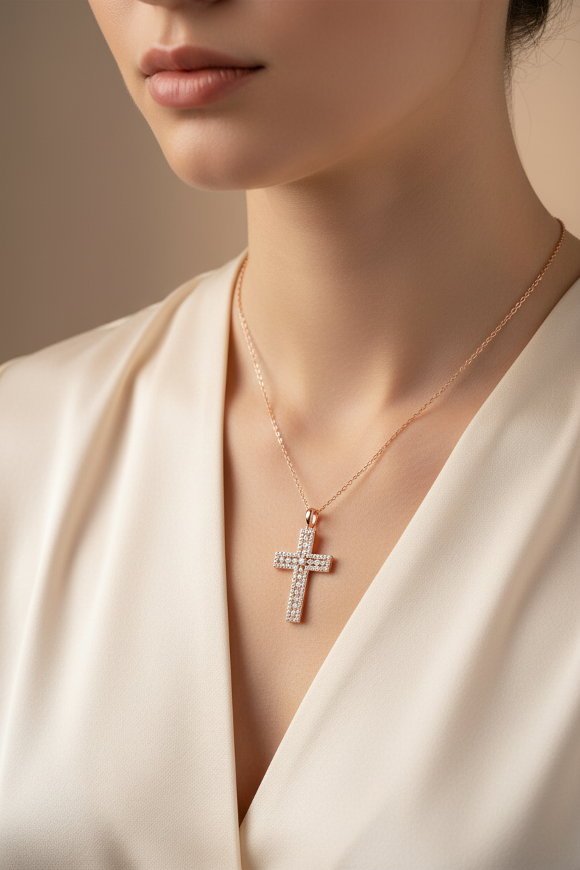 Female Model in Cream Silk - Rose Gold Cross