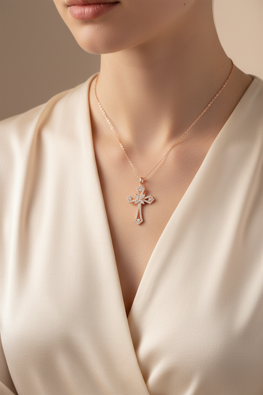 Female Model in Cream Silk - Smaller Cross