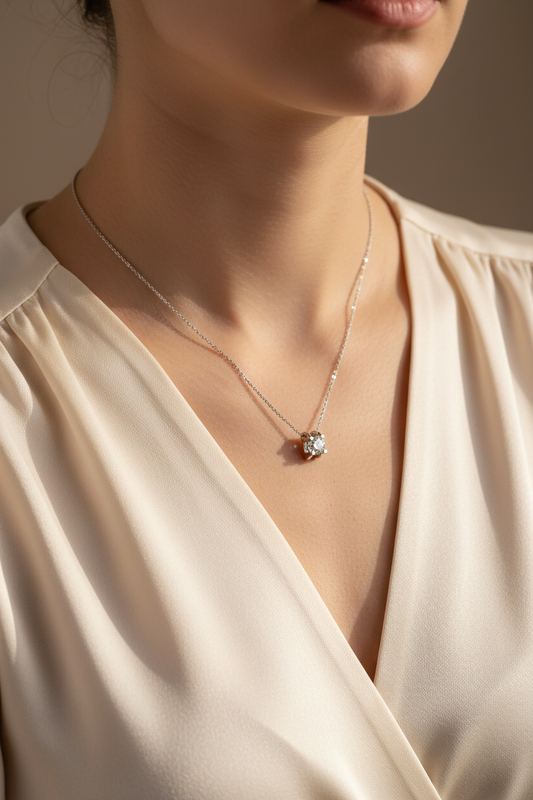 Female Model in Cream Silk - Smaller Solitaire