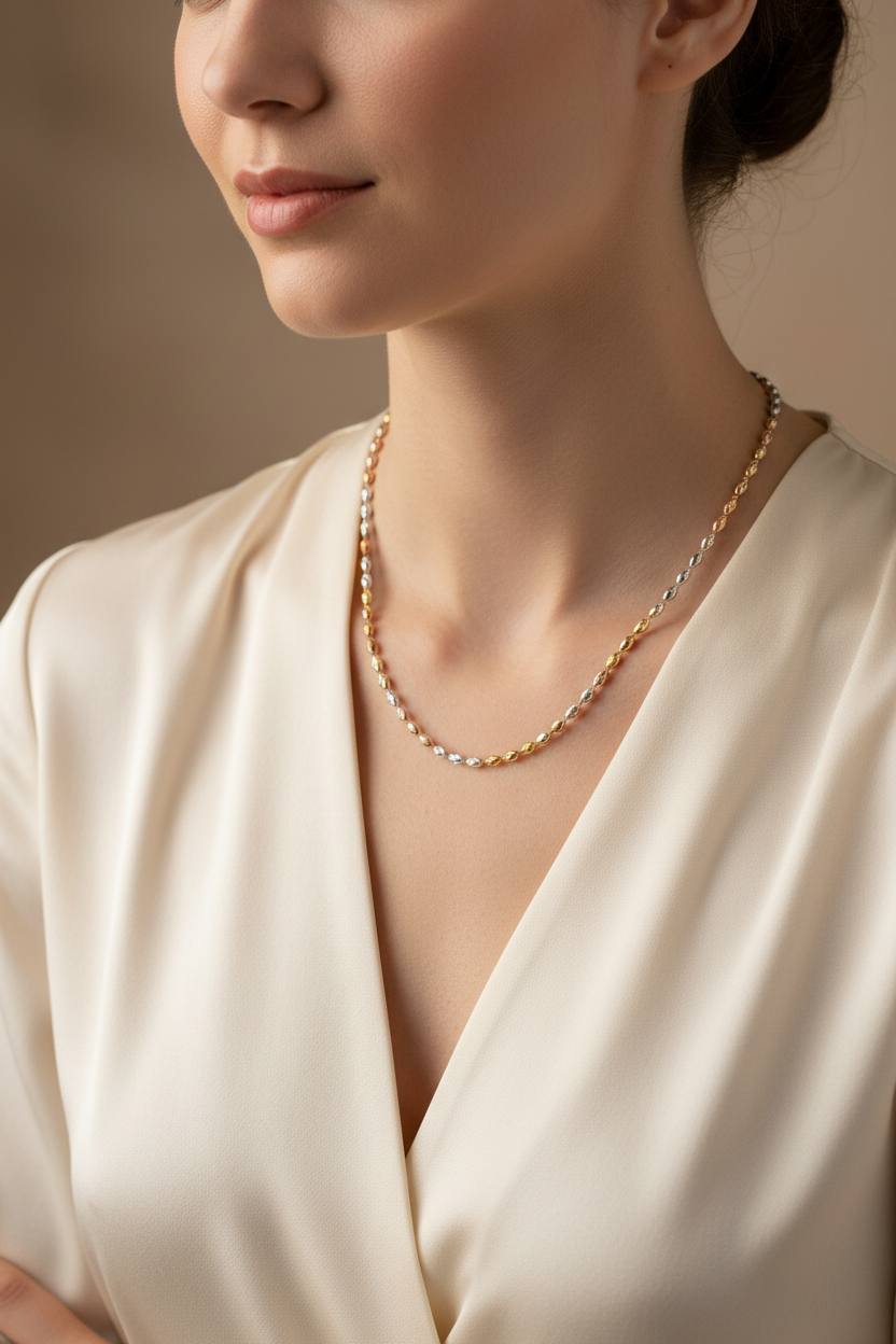 Female Model in Cream Silk - Tri-Color Necklace