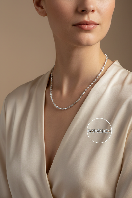 Female Model in Cream Silk - White Gold Necklace