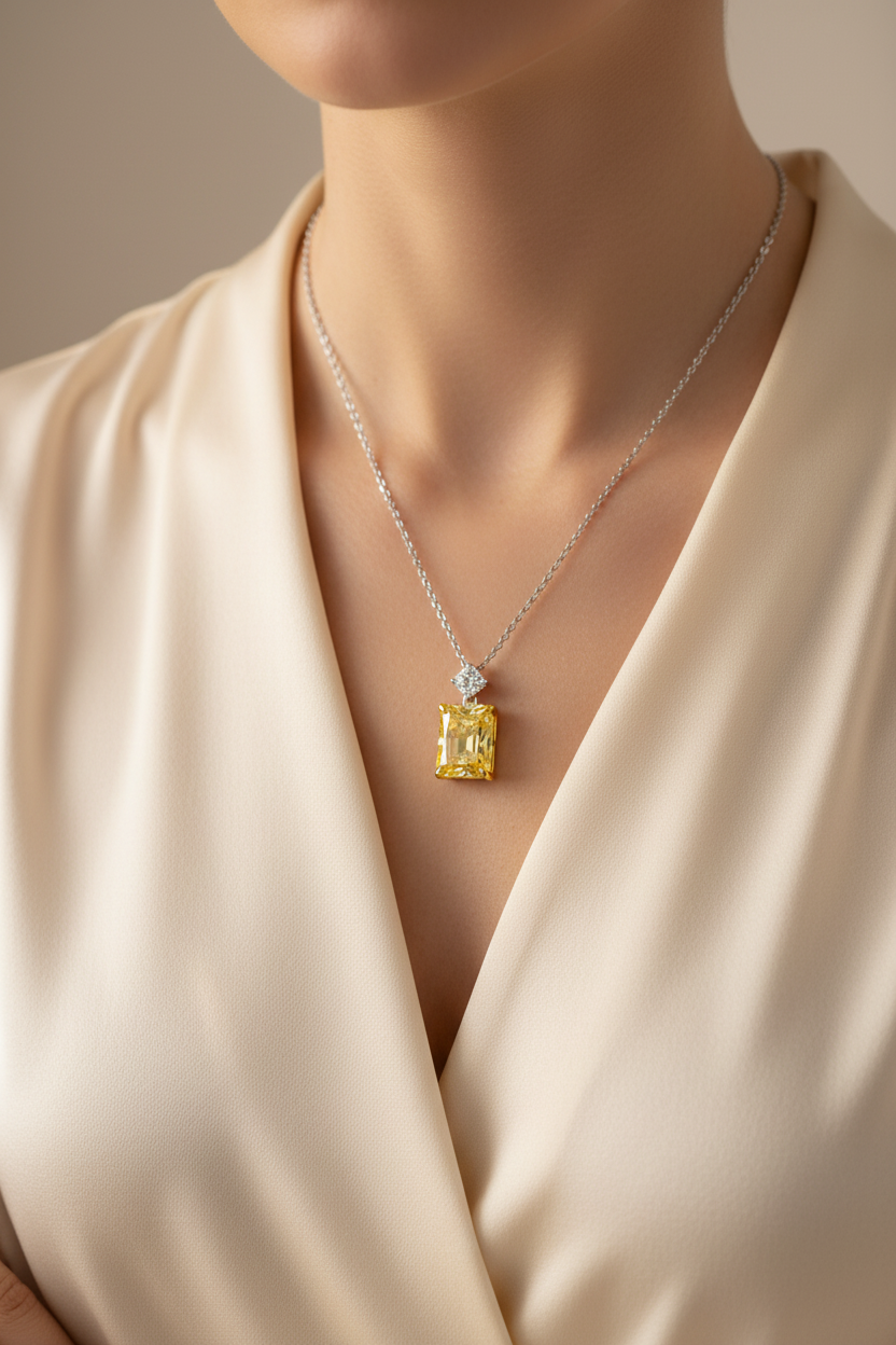 Female Model in Cream Silk - Yellow Diamond