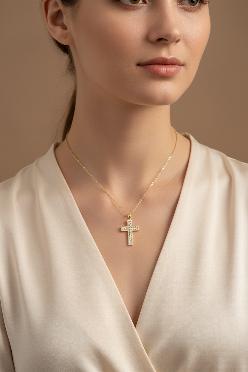 Female Model in Cream Silk - Yellow Gold Cross