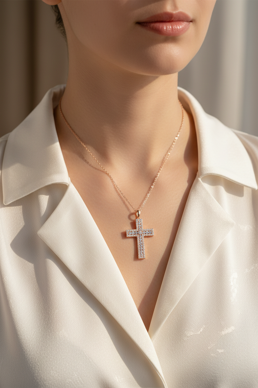 Female Model in White Blouse - Rose Gold Cross
