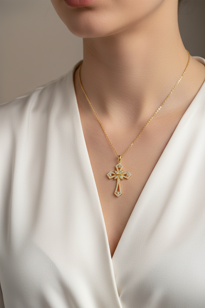 Female Model in White Blouse - Smaller Cross