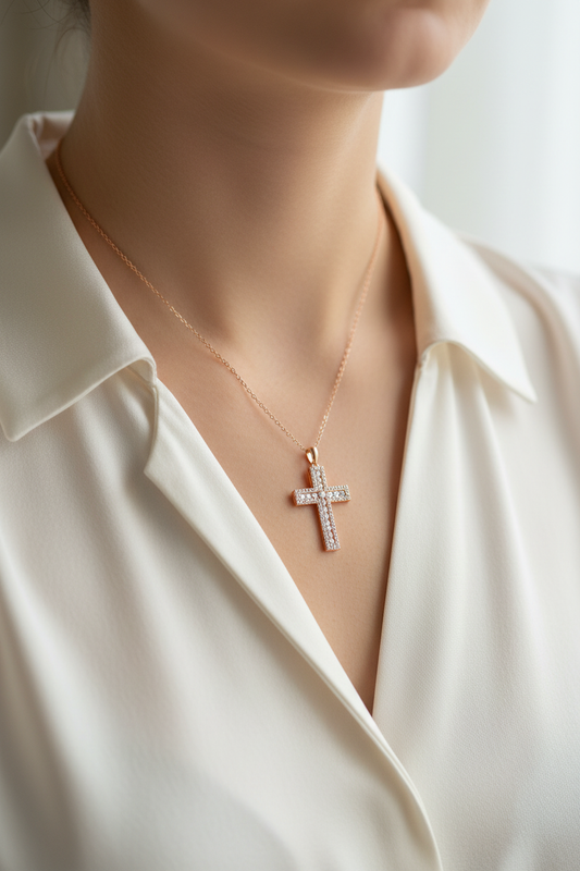 Female Model in White Blouse - Smaller Cross