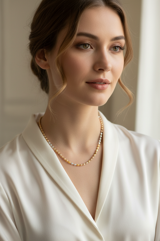 Female Model in White Blouse - Tri-Color Necklace