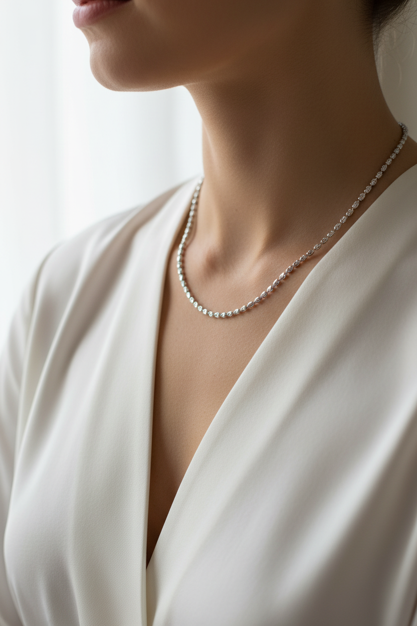 Female Model in White Blouse - White Gold Necklace
