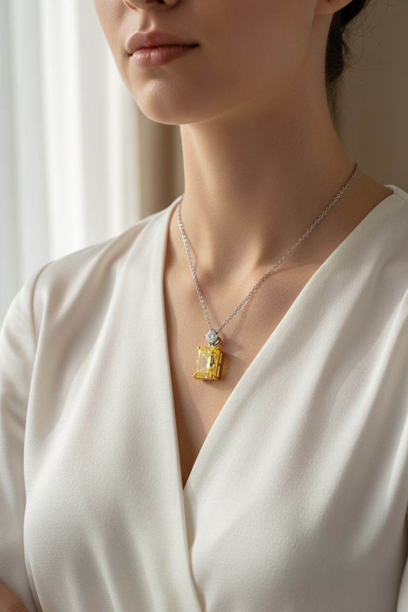 Female Model in White Blouse - Yellow Diamond