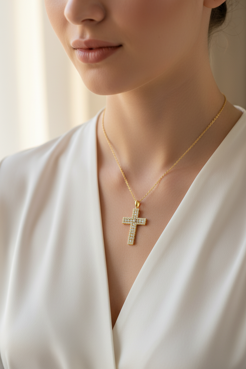 Female Model in White Blouse - Yellow Gold Cross