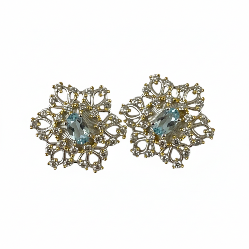Flower Studs Blue Topaz 18KYW - Front Face Only