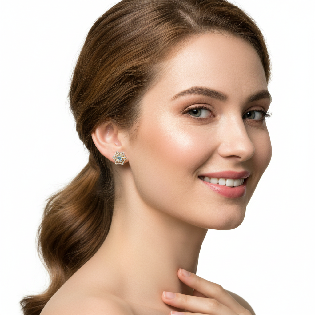 Flower Studs Blue Topaz 18KYW - Model 2 30% Smaller