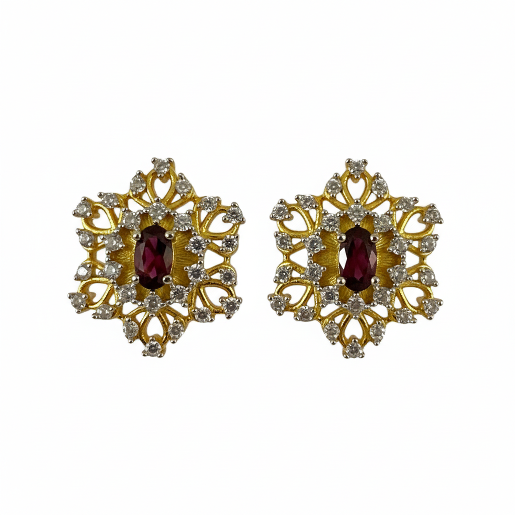 Flower Studs Garnet 18KYW - Front Face Only