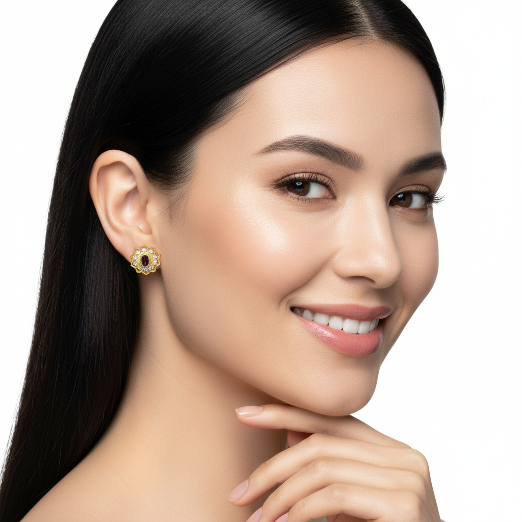 Flower Studs Garnet 18KYW - Model 1 New