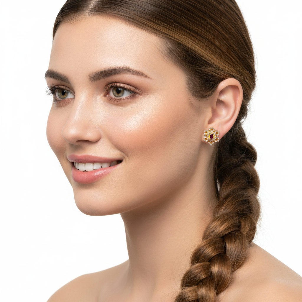 Flower Studs Garnet 18KYW - Model 1