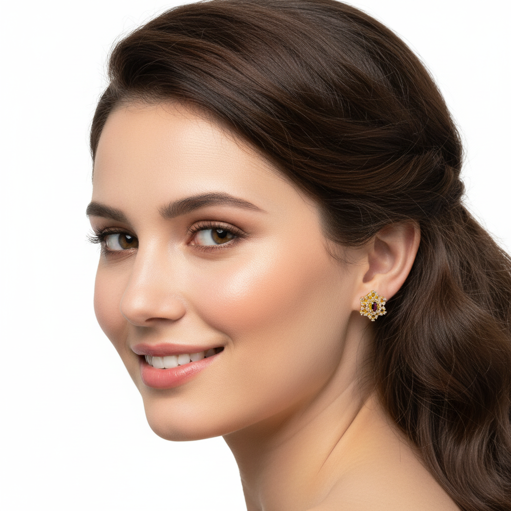 Flower Studs Garnet 18KYW - Model 2