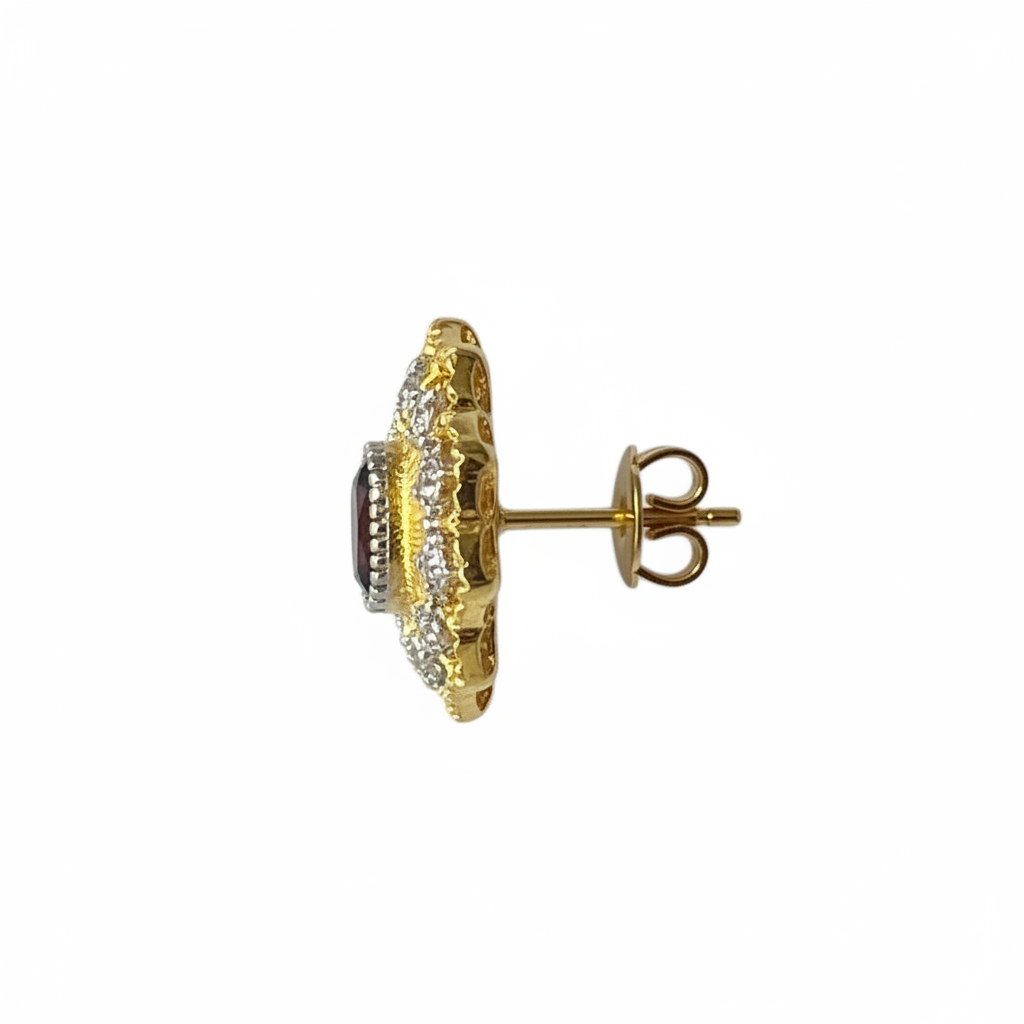 Flower Studs Garnet 18KYW - Side Profile with Snap Back