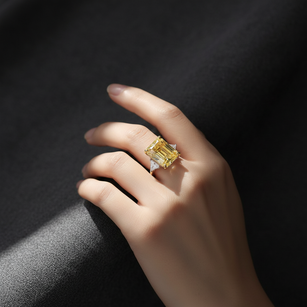 High-End Yellow Three-Stone - Dramatic Lighting