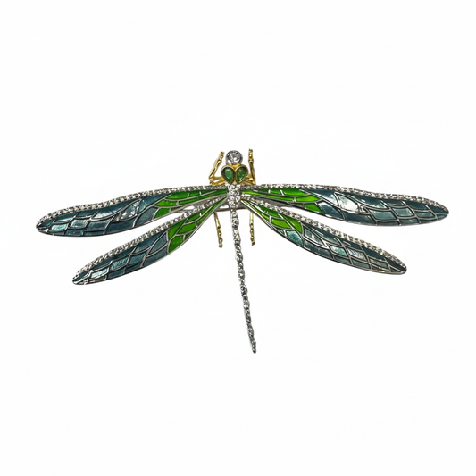 Dragonfly Brooch with CZ and Green Enamel - Brightened Product Shot