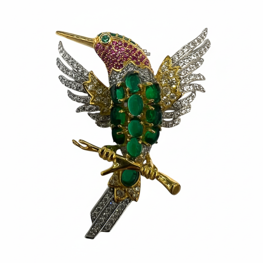 Bird on a Branch Brooch with Green and Purple CZ - Brightened Product Shot