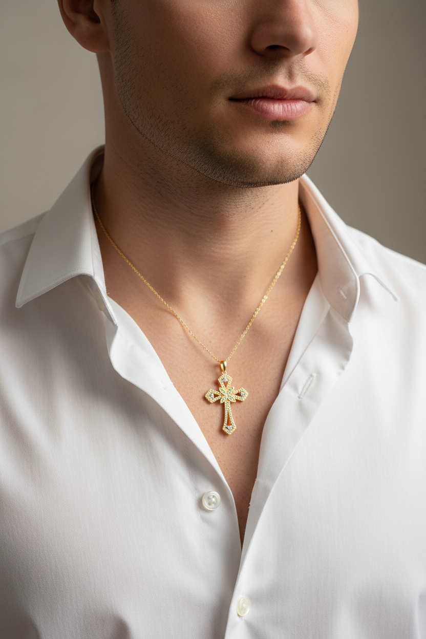 Male Model in White Shirt - Smaller Cross