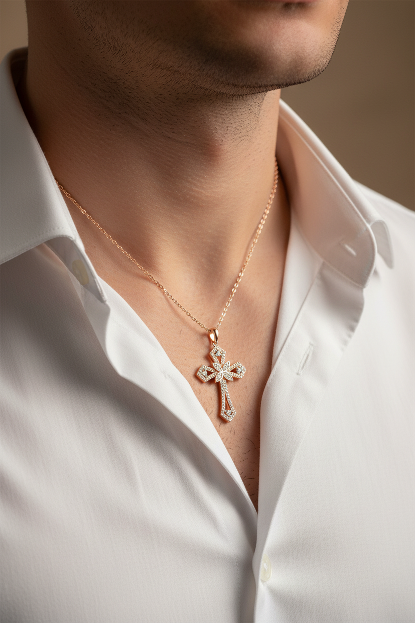 Male Model in White Shirt - Smaller Cross