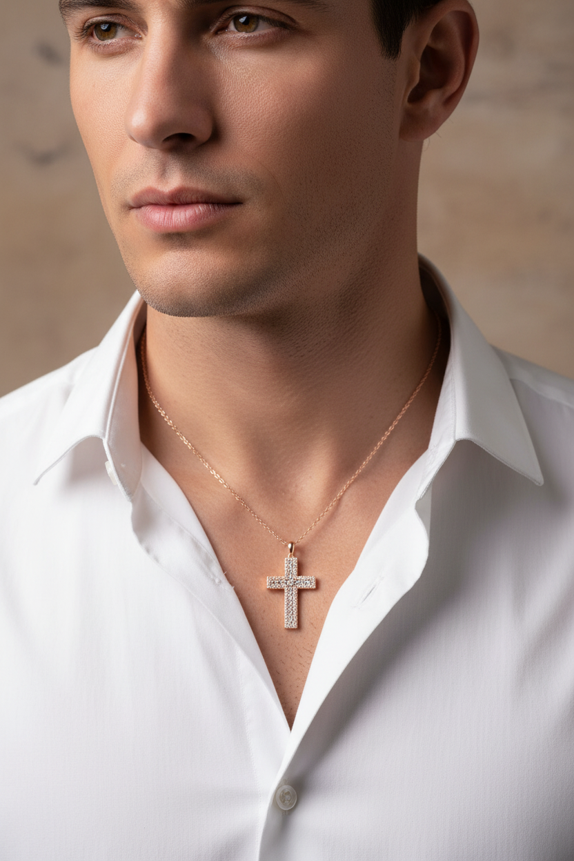 Male Model in White Shirt - Smaller Cross
