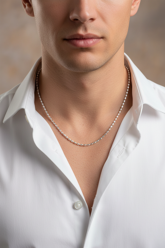 Male Model in White Shirt - White Gold Necklace