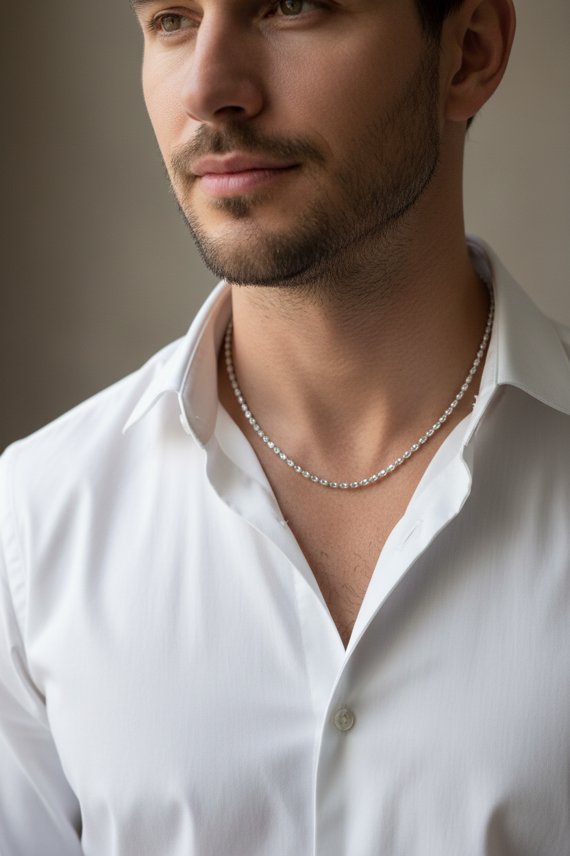 Male Model in White Shirt - White Gold Necklace