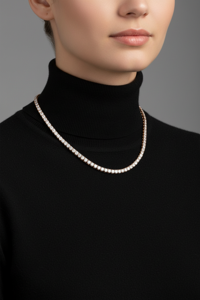 Model in Black Turtleneck - Diamond Tennis Necklace