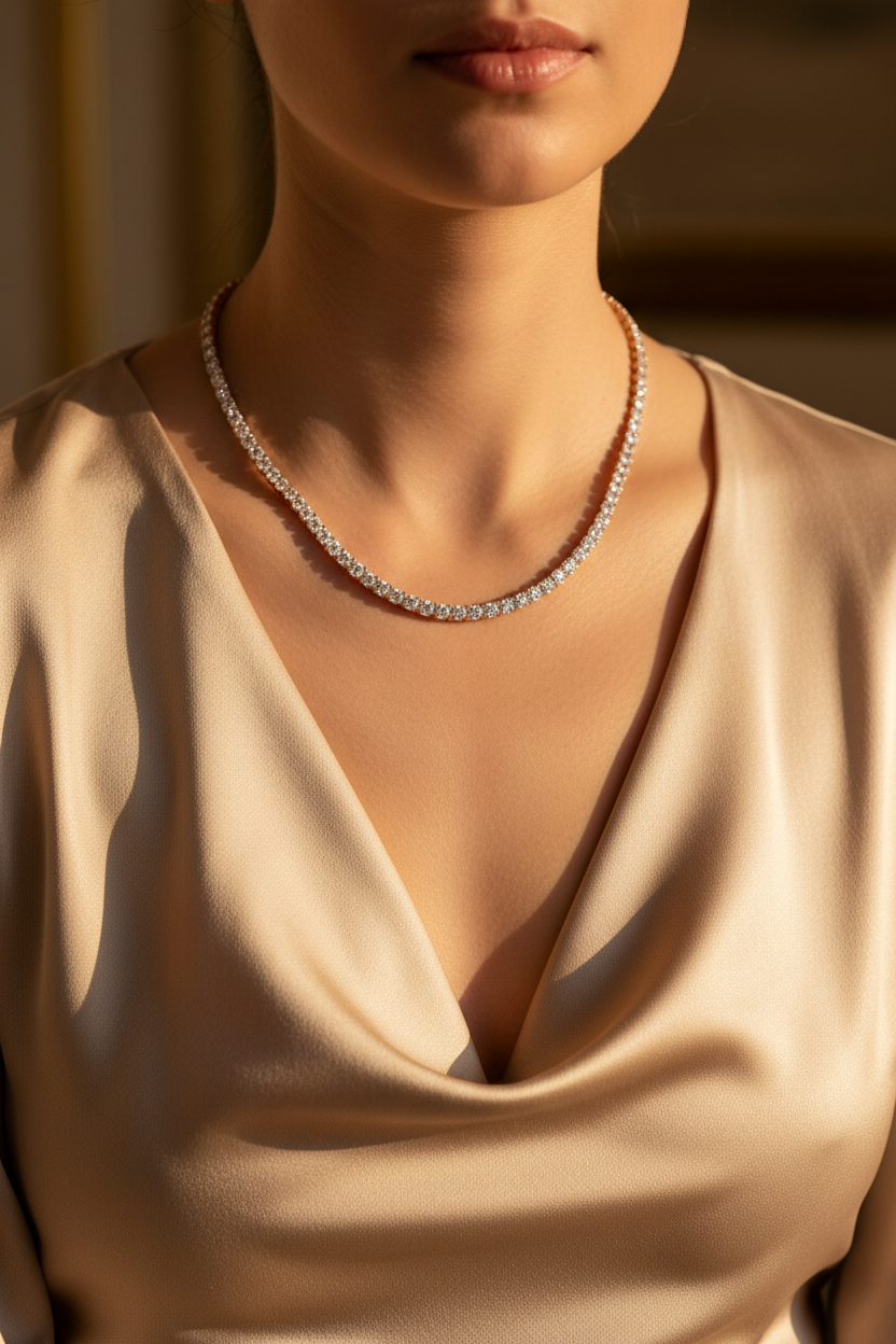 Model in Champagne Silk - Diamond Tennis Necklace