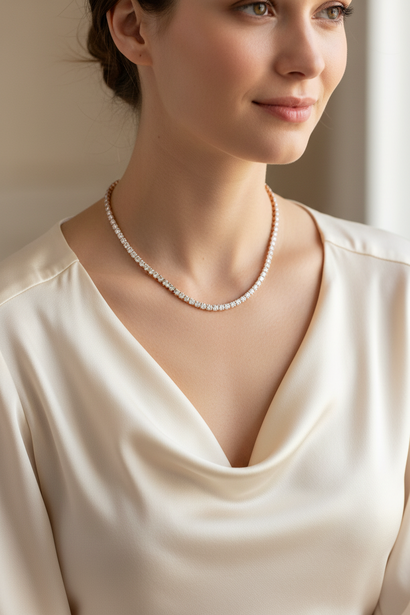 Model in Cream Silk - Diamond Tennis Necklace