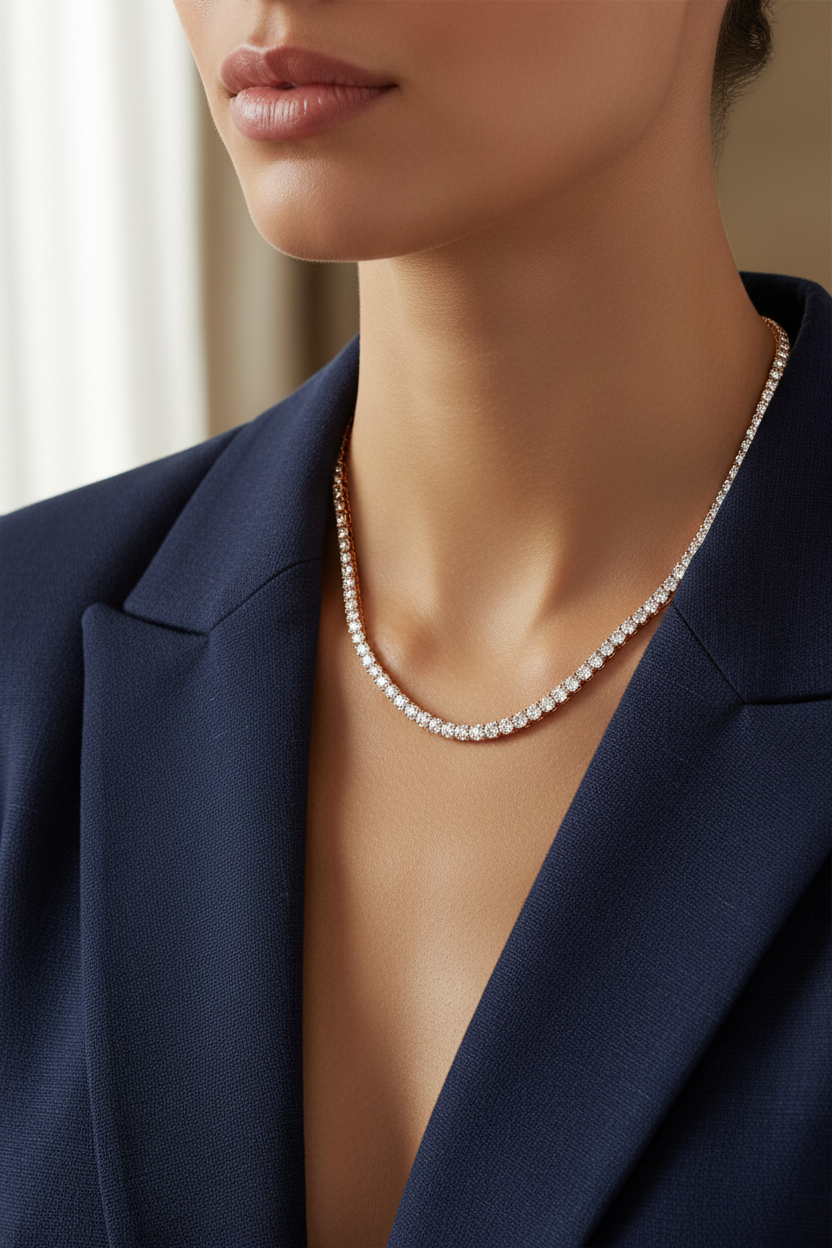 Model in Navy Blazer - Diamond Tennis Necklace